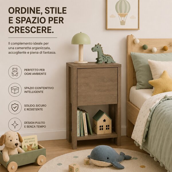 Comodino 30x30x55 cm Mobiletto con Anta a Ribalta e Ripiano in Legno Rovere