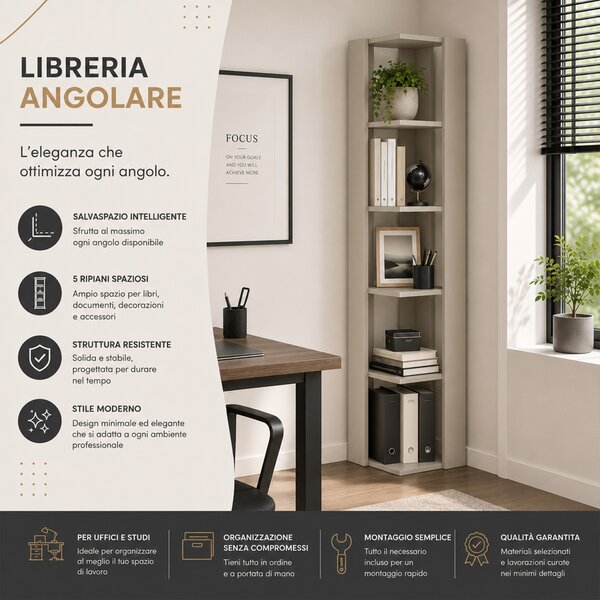 Libreria Angolare 34x34x161 cm Scaffale Salvaspazio 5 Ripiani in Legno Sabbia