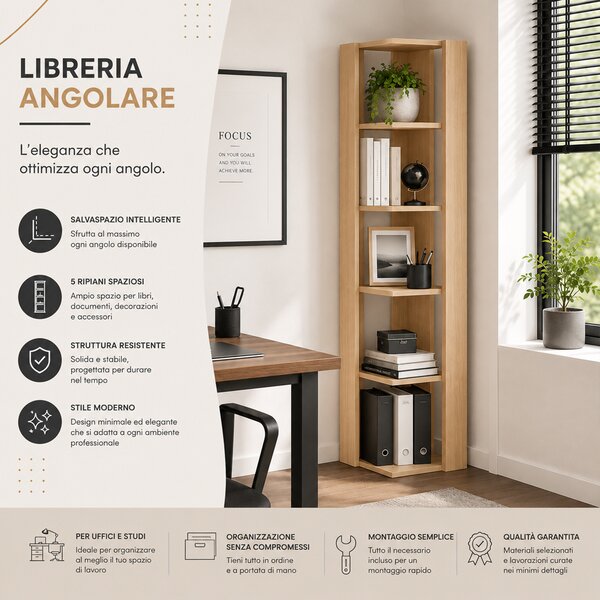 Libreria Angolare 34x34x161 cm Scaffale Salvaspazio 5 Ripiani in Legno Quercia