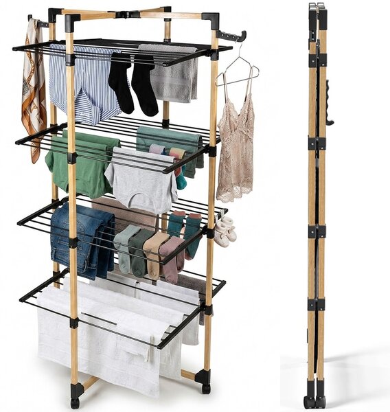 Stendibiancheria a Torre Verticale a 4 Livelli 69x69x175 cm Pieghevole con Ruote Nero e Legno