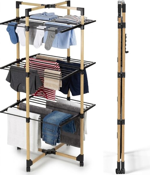 Stendibiancheria a Torre Verticale a 3 Livelli 69x69x136 cm Pieghevole con Ruote Nero e Legno