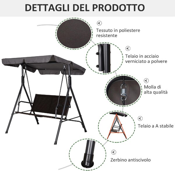 VivaGarden Dondolo da Giardino 2 Posti con Tettuccio Parasole in Acciaio/Poliestere Dimensioni 140x110x151 cm colore Marrone e Grigio