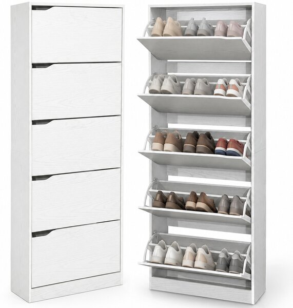 Scarpiera Salvaspazio a 5 Ripiani 63x24x170 cm con Maniglia Scomparsa in Melamina Bianco