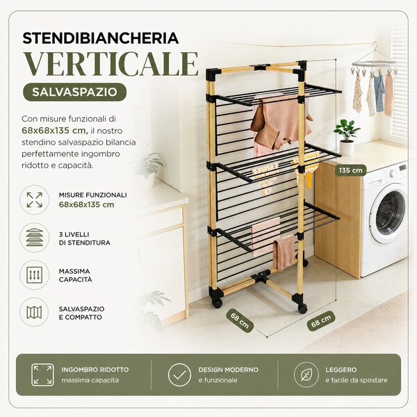Stendibiancheria a Torre Verticale a 3 Livelli 69x69x136 cm Pieghevole con Ruote Nero e Legno
