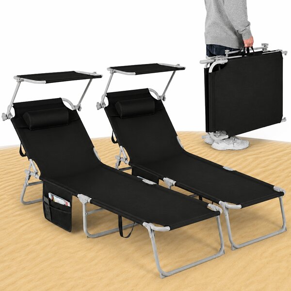 Set 2 Lettini Pieghevoli da Spiaggia 161-190x68x28-111 cm Schienale Regolabile 4 Posizioni in Tessuto Oxford Nero