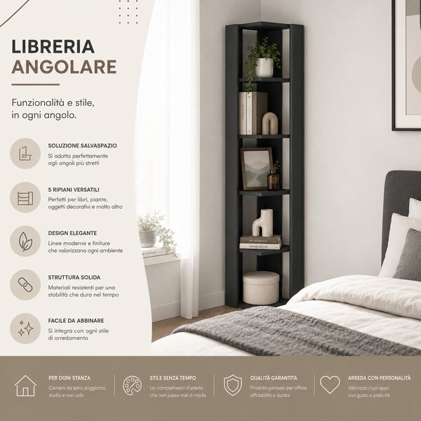 Libreria Angolare 34x34x161 cm Scaffale Salvaspazio 5 Ripiani in Legno Antracite