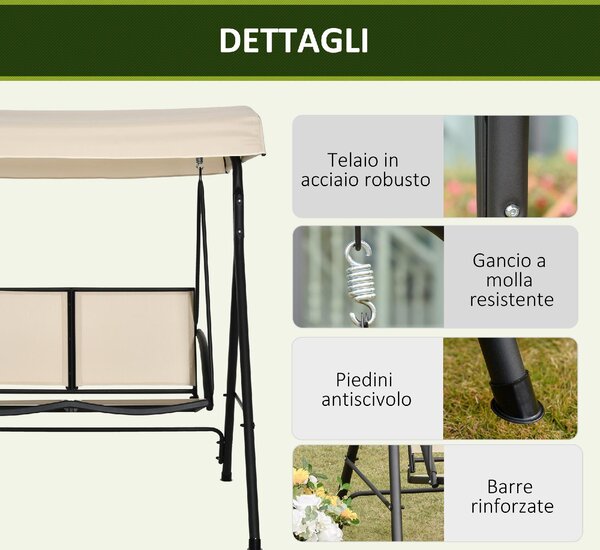 VivaGarden Dondolo da Giardino 2 Posti con Tettuccio Parasole in Acciaio/Poliestere Dimensioni 140x118x162 cm colore Beige