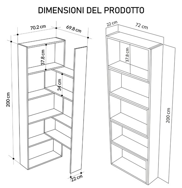 Libreria Modulare Apribile 72x22x200 cm Scaffale Libri Componibile in Legno Quercia