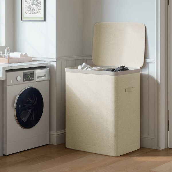 Cesto Portabiancheria Sporca 56x40x 67 cm con Divisorio Doppia Cesta 150L in Poliestere Beige