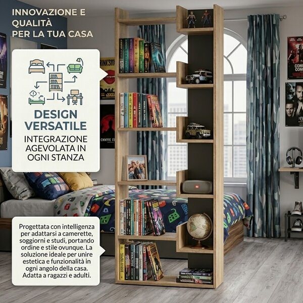Libreria a 6 Ripiani 60,5x22x162,5 cm Scaffalatura Verticale Moderna Quercia e Antracite