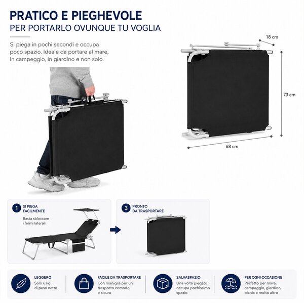 Set 2 Lettini Pieghevoli da Spiaggia 161-190x68x28-111 cm Schienale Regolabile 4 Posizioni in Tessuto Oxford Nero