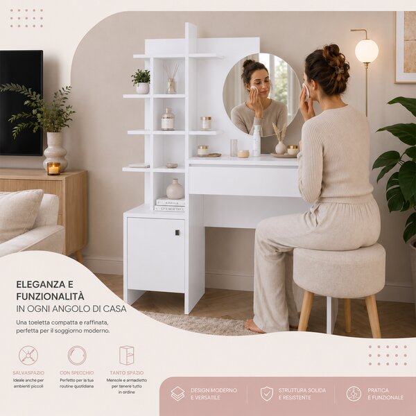 Toeletta Trucco 105x35x151 cm Postazione Make Up con Specchio Rotondo e Mensole Bianco