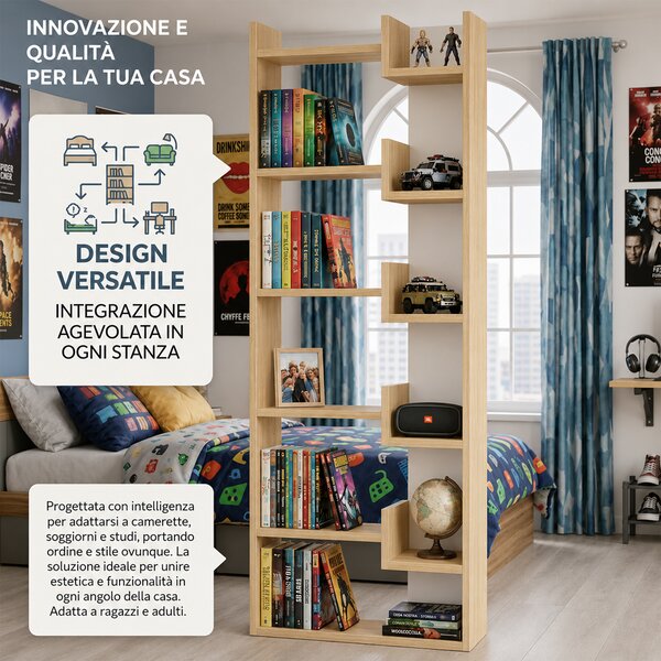 Libreria a 6 Ripiani 60,5x22x162,5 cm Scaffalatura Verticale Moderna Quercia