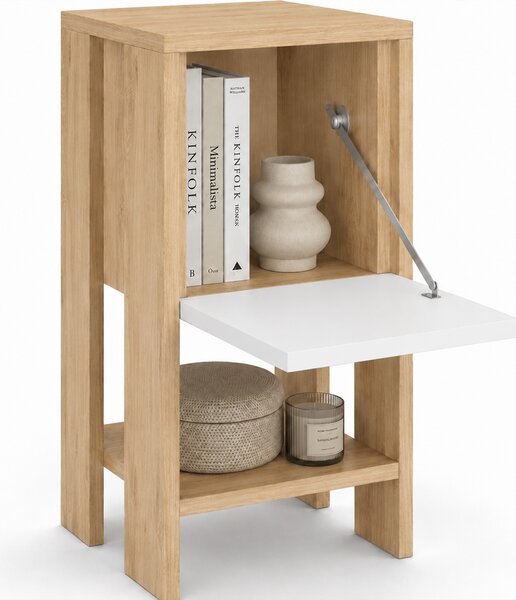 Comodino 30x30x55 cm Mobiletto con Anta a Ribalta e Ripiano in Legno Queercia e Bianco