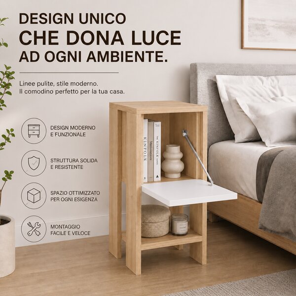 Comodino 30x30x55 cm Mobiletto con Anta a Ribalta e Ripiano in Legno Queercia e Bianco