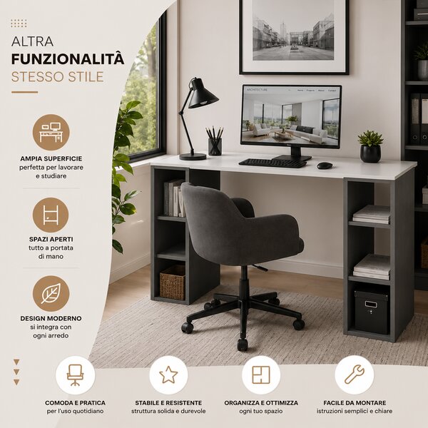 Scrivania Libreria 6 Ripiani 140x60x75 cm Tavolo Porta Computer con Scaffali Libreria in MDF Bianco e Antracite