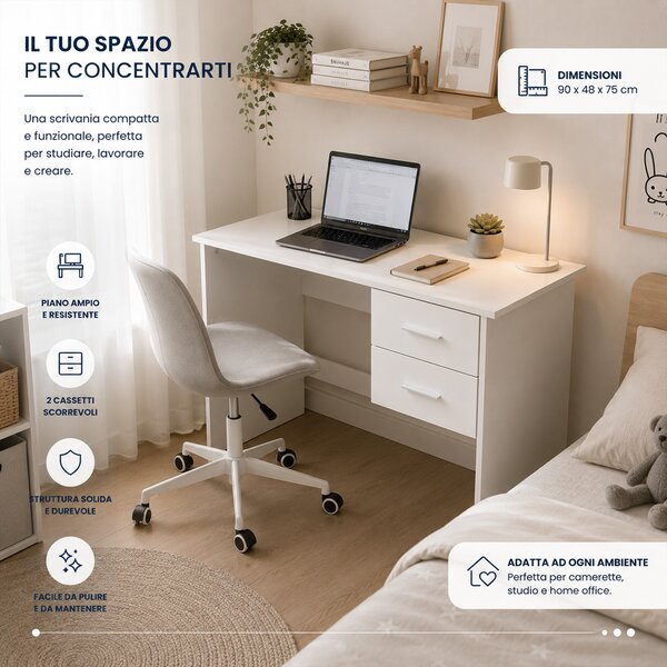 Scrivania da Ufficio Salvaspazio 90x48x75 cm con Cassetti in Melamina Bianco