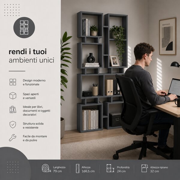 Libreria Moderna 4 Ripiani 79x24x166,5cm Scaffalatura Design Geometrico Antracite