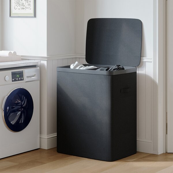 Cesto Portabiancheria Sporca con Divisorio 56x40x67 cm Porta Biancheria Doppia Cesta in PP Nero