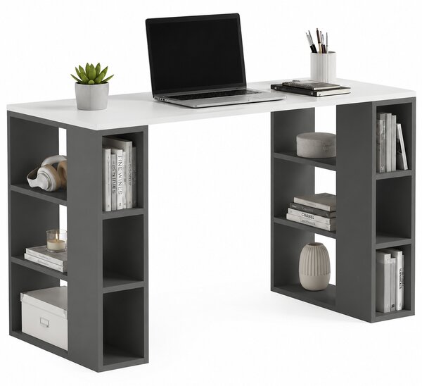 Scrivania Libreria 6 Ripiani 140x60x75 cm Tavolo Porta Computer con Scaffali Libreria in MDF Bianco e Antracite