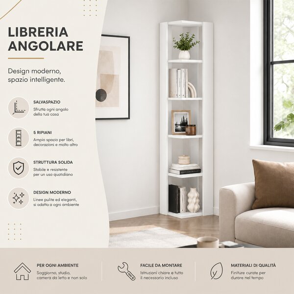 Libreria Angolare 34x34x161 cm Scaffale Salvaspazio 5 Ripiani in Legno Bianco