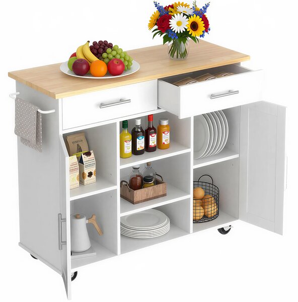 Carrello Isola da Cucina 90x46x100 cm Mobile con Cassetti con Ruote e Top Quercia Bianco