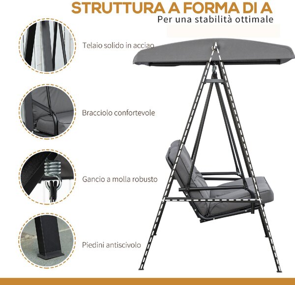 VivaGarden Dondolo da Giardino 2 Posti con Tettuccio Parasole in Acciaio/Poliestere Dimensioni 144x117x173 cm colore Grigio