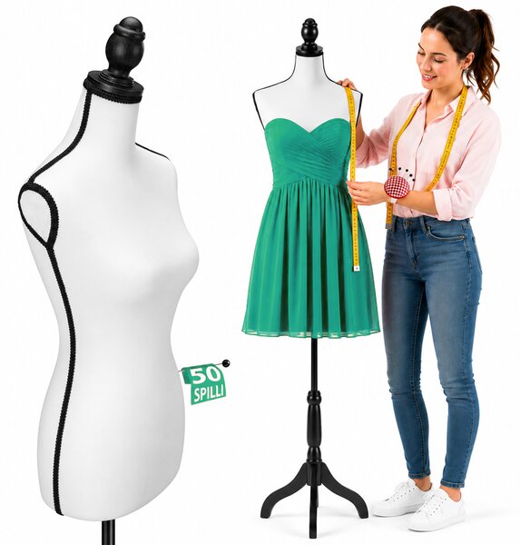 Manichino Sartoriale Femminile con 50 Spilli Modello Sartoria Donna in Schiuma PE Bianco e Nero