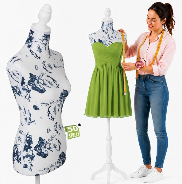 Manichino Sartoriale Femminile con 50 Spilli Modello Capri Sartoria Donna in Schiuma PE Bianco e Blu