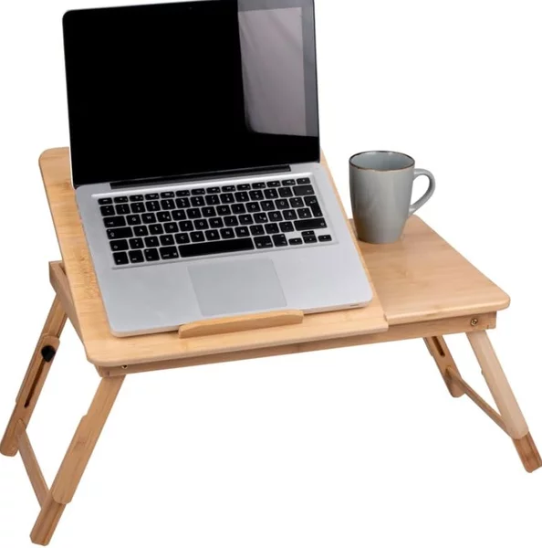 Tavolino Vassoio 50x30x21,5-27,5H cm Piano Inclinabile con Porta Bevande in Bambù