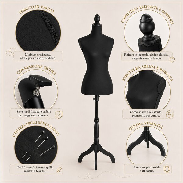Manichino Sartoriale Femminile con 50 Spilli Modello Sartoria Donna in Schiuma PE Nero