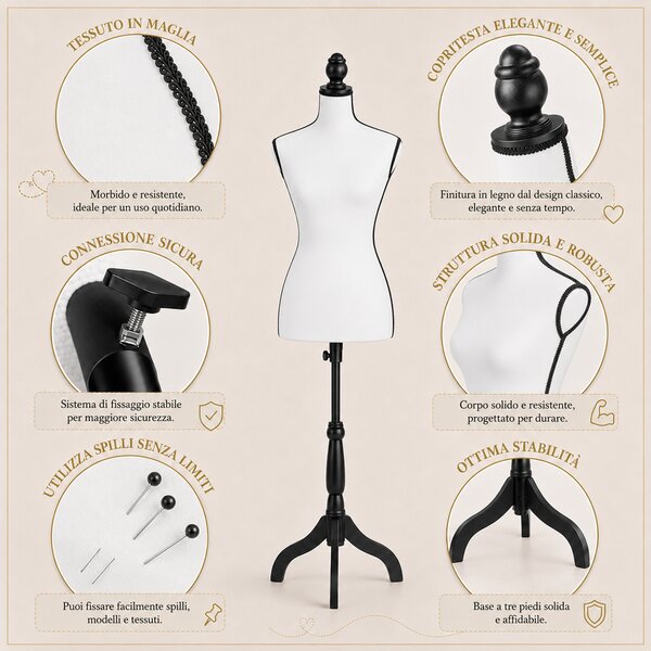 Manichino Sartoriale Femminile con 50 Spilli Modello Sartoria Donna in Schiuma PE Bianco e Nero