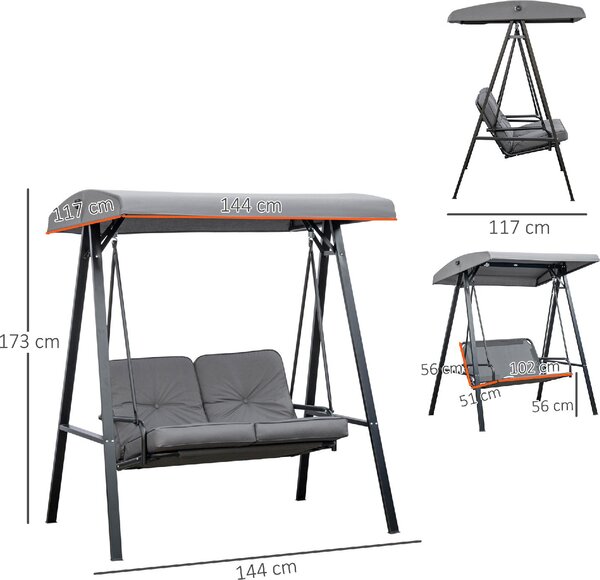 VivaGarden Dondolo da Giardino 2 Posti con Tettuccio Parasole in Acciaio/Poliestere Dimensioni 144x117x173 cm colore Grigio