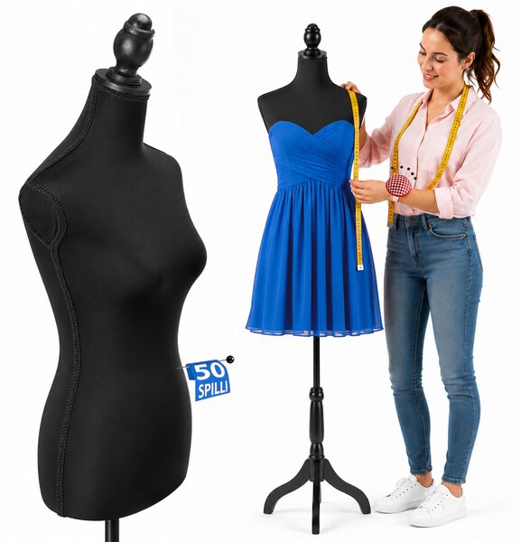 Manichino Sartoriale Femminile con 50 Spilli Modello Sartoria Donna in Schiuma PE Nero