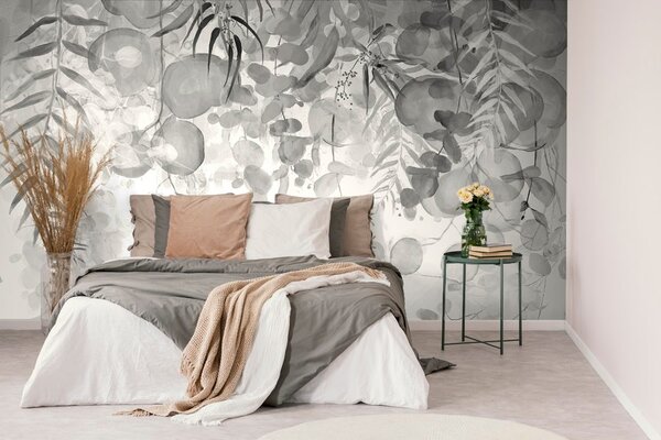 Carta da parati – Foglie Delicate in Bianco e Nero