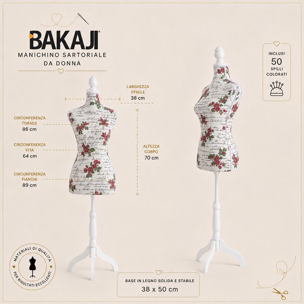 Manichino Sartoriale Femminile con 50 Spilli Modello Flowers Sartoria Donna in Schiuma PE Bianco e Rosso