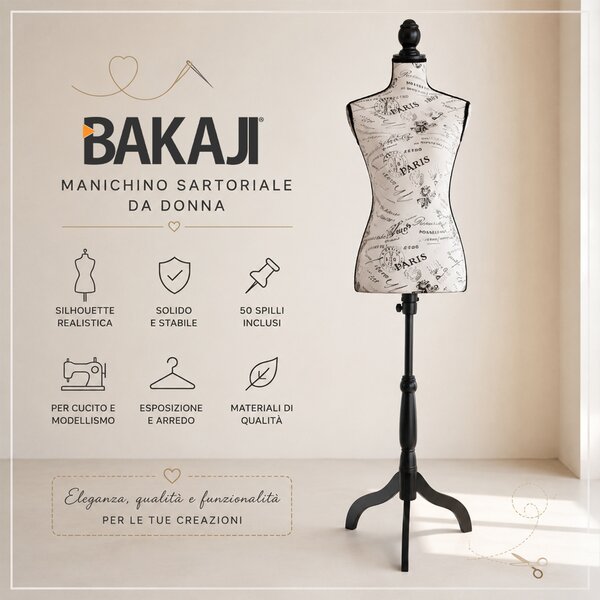 Manichino Sartoriale Femminile con 50 Spilli Modello Paris Sartoria Donna in Schiuma PE Bianco e Nero