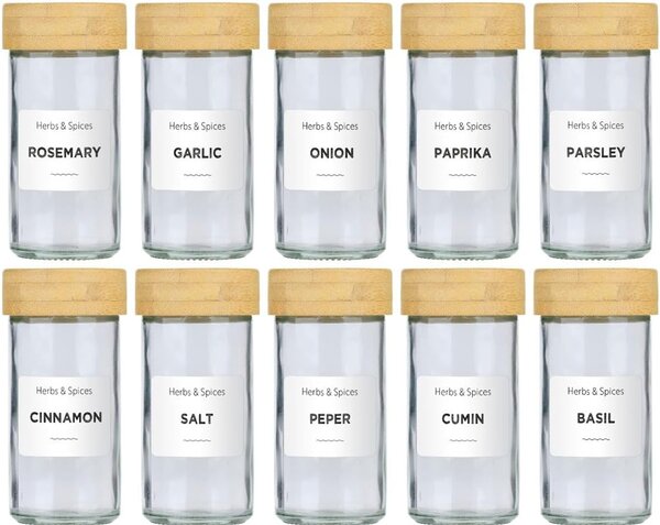Set 12 Barattoli Portaspezie con Dosatore e Etichette Organizer da Cucina in Vetro e Bambù