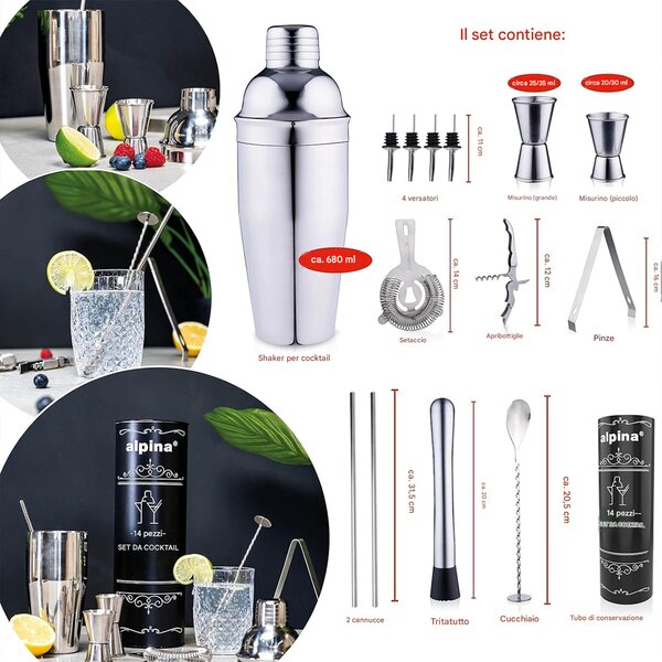 Set 14 Pezzi da Cocktail Completo con Shaker Stamper Jigger e Accessori in Acciaio Inox