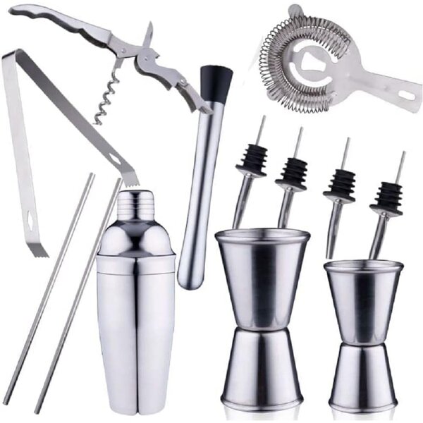 Set 14 Pezzi da Cocktail Completo con Shaker Stamper Jigger e Accessori in Acciaio Inox