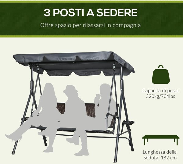 VivaGarden Dondolo da Giardino 3 Posti con Tettuccio Parasole e Portabicchieri in Acciaio/Poliestere/Rattan PE Dimensioni 204x112x150 cm colore Gri