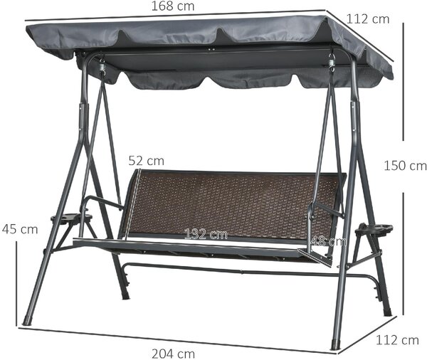 VivaGarden Dondolo da Giardino 3 Posti con Tettuccio Parasole e Portabicchieri in Acciaio/Poliestere/Rattan PE Dimensioni 204x112x150 cm colore Gri