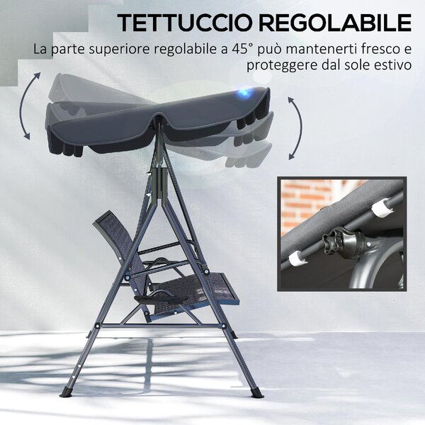 VivaGarden Dondolo da Giardino 3 Posti con Tettuccio Parasole e Portabicchieri in Acciaio/Poliestere/Rattan PE Dimensioni 204x112x150 cm colore Gri