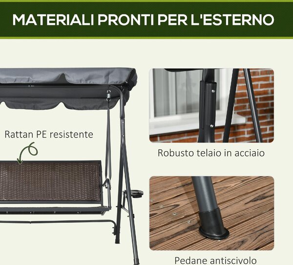 VivaGarden Dondolo da Giardino 3 Posti con Tettuccio Parasole e Portabicchieri in Acciaio/Poliestere/Rattan PE Dimensioni 204x112x150 cm colore Gri