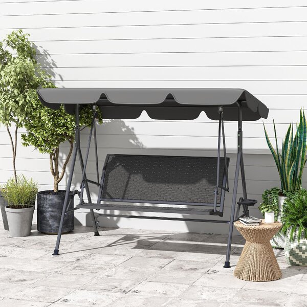 VivaGarden Dondolo da Giardino 3 Posti con Tettuccio Parasole e Portabicchieri in Acciaio/Poliestere/Rattan PE Dimensioni 204x112x150 cm colore Gri
