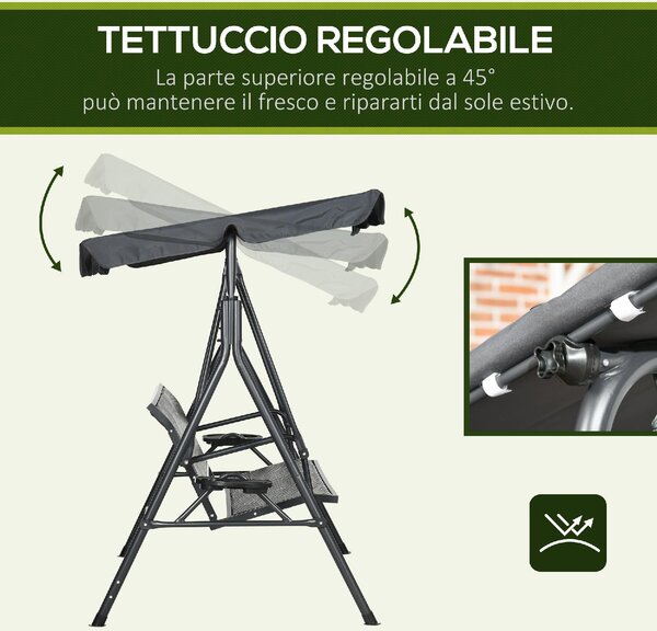 VivaGarden Dondolo da Giardino 3 Posti con Tettuccio Parasole e Portabicchieri in Acciaio/Poliestere/Rattan PE Dimensioni 204x112x150 cm colore Gri