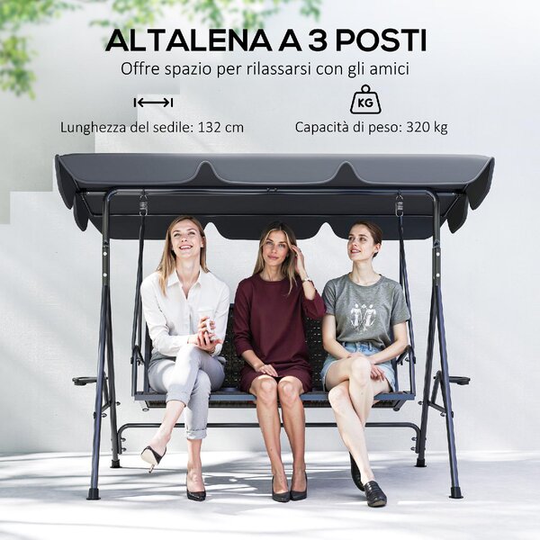 VivaGarden Dondolo da Giardino 3 Posti con Tettuccio Parasole e Portabicchieri in Acciaio/Poliestere/Rattan PE Dimensioni 204x112x150 cm colore Gri