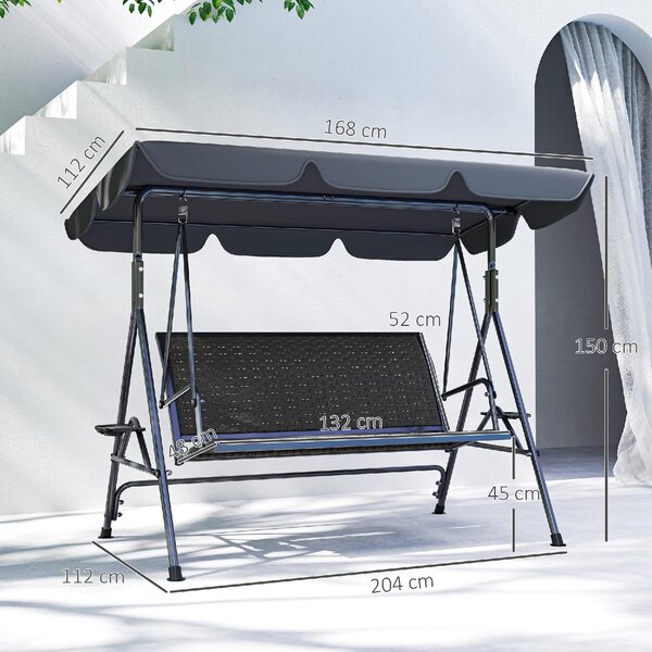 VivaGarden Dondolo da Giardino 3 Posti con Tettuccio Parasole e Portabicchieri in Acciaio/Poliestere/Rattan PE Dimensioni 204x112x150 cm colore Gri