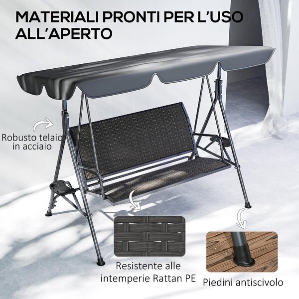 VivaGarden Dondolo da Giardino 3 Posti con Tettuccio Parasole e Portabicchieri in Acciaio/Poliestere/Rattan PE Dimensioni 204x112x150 cm colore Gri
