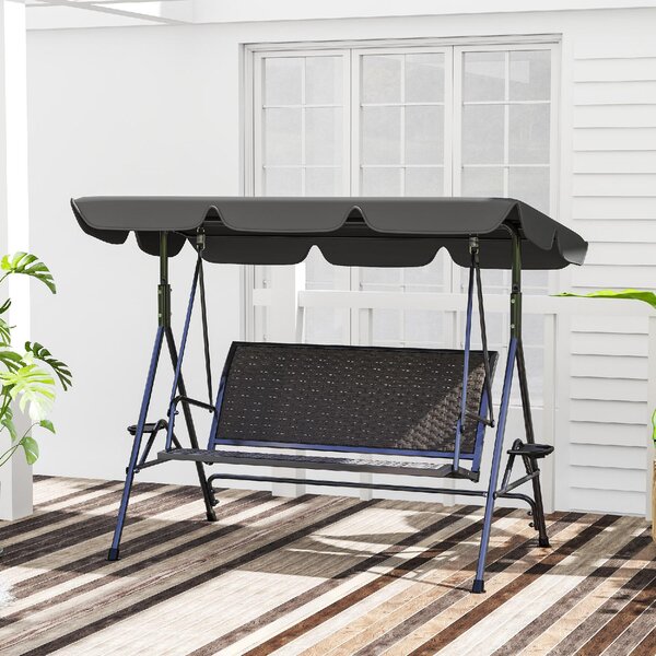 VivaGarden Dondolo da Giardino 3 Posti con Tettuccio Parasole e Portabicchieri in Acciaio/Poliestere/Rattan PE Dimensioni 204x112x150 cm colore Gri